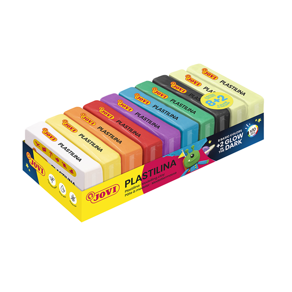 Plastilina Jovi 50 g colores surt. y fosforescente. Caja 10 u.
