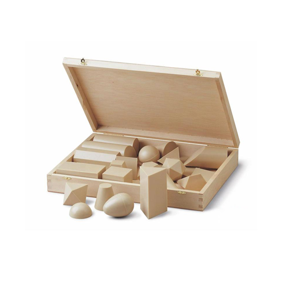 Cuerpos geométricos plástico caja madera 25 u.