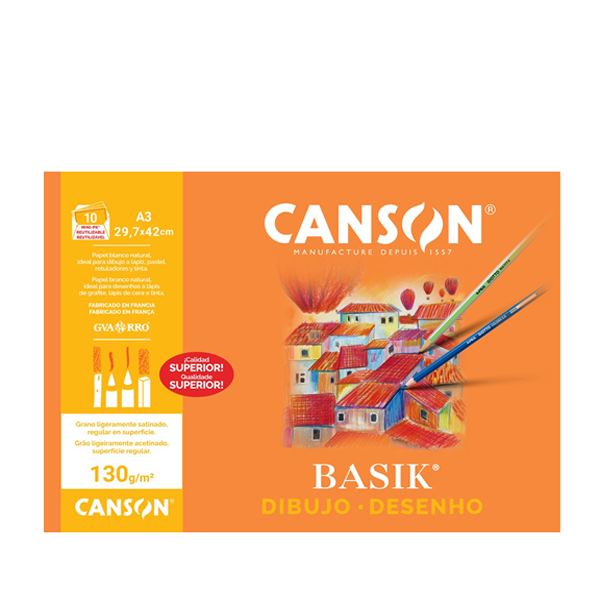 Láminas A3 liso 130 g Canson Basik. Minpack 10 h.