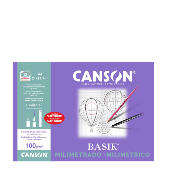Papel A4 milimetrado Canson Basik. Minipack 12 h.
