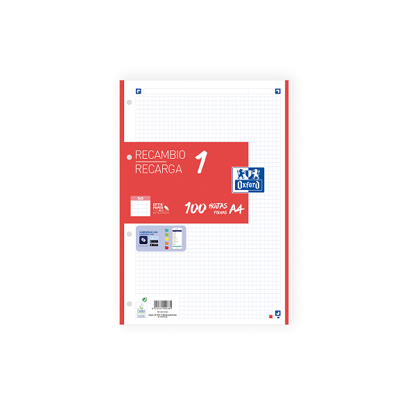 Recambio Oxford 100 h. Scribzee 4 tal. cuad. 5x5 90 g Rojo