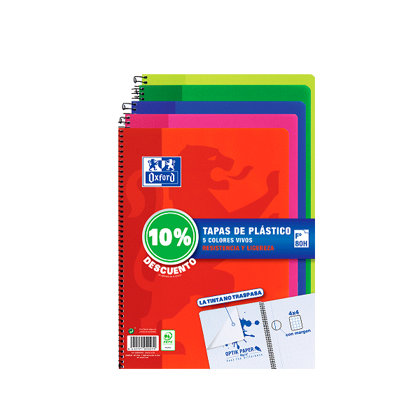 Cuaderno Oxford tapa plást. color vivos. Pack 5